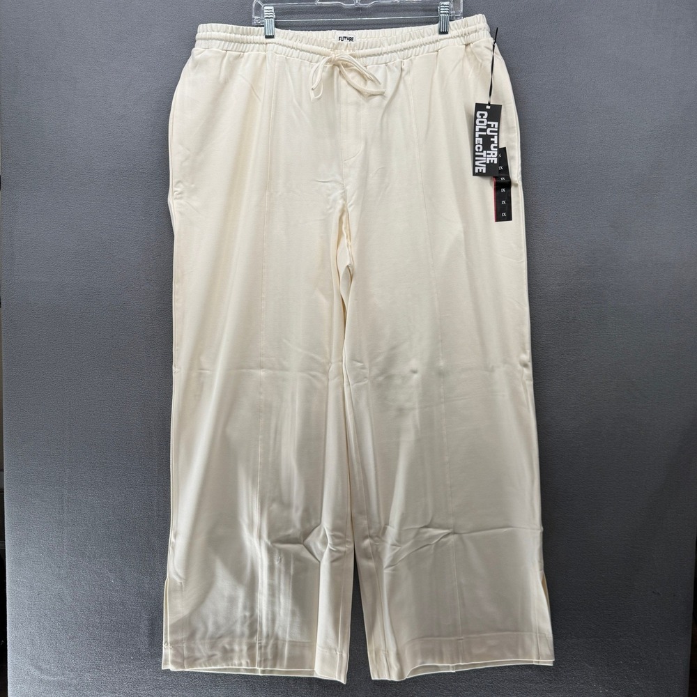 Future Collective Pants Womens 1X Cream Wide Leg Seamed Front NWT Heavyweight